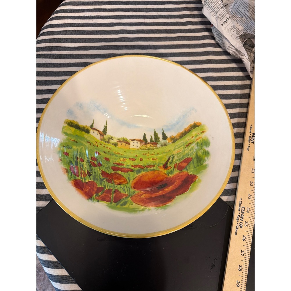 Opificio Etico Italian Ceramic Serving Bowl Red Poppy Tuscan Landscape 13.5 Inch